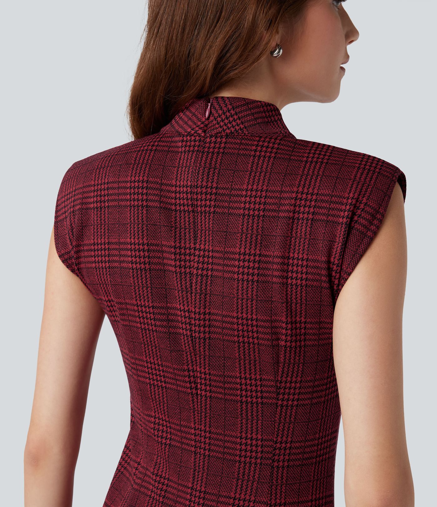 High Neck Sleeveless Bodycon Houndstooth Plaid Midi Work Dress