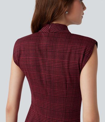 High Neck Sleeveless Bodycon Houndstooth Plaid Midi Work Dress