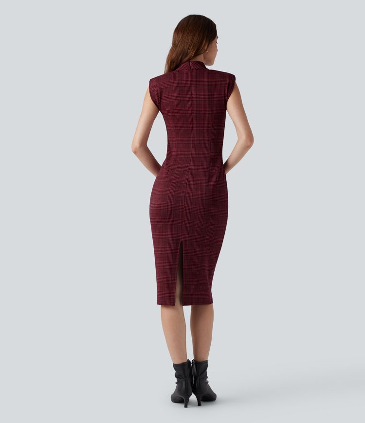 High Neck Sleeveless Bodycon Houndstooth Plaid Midi Work Dress