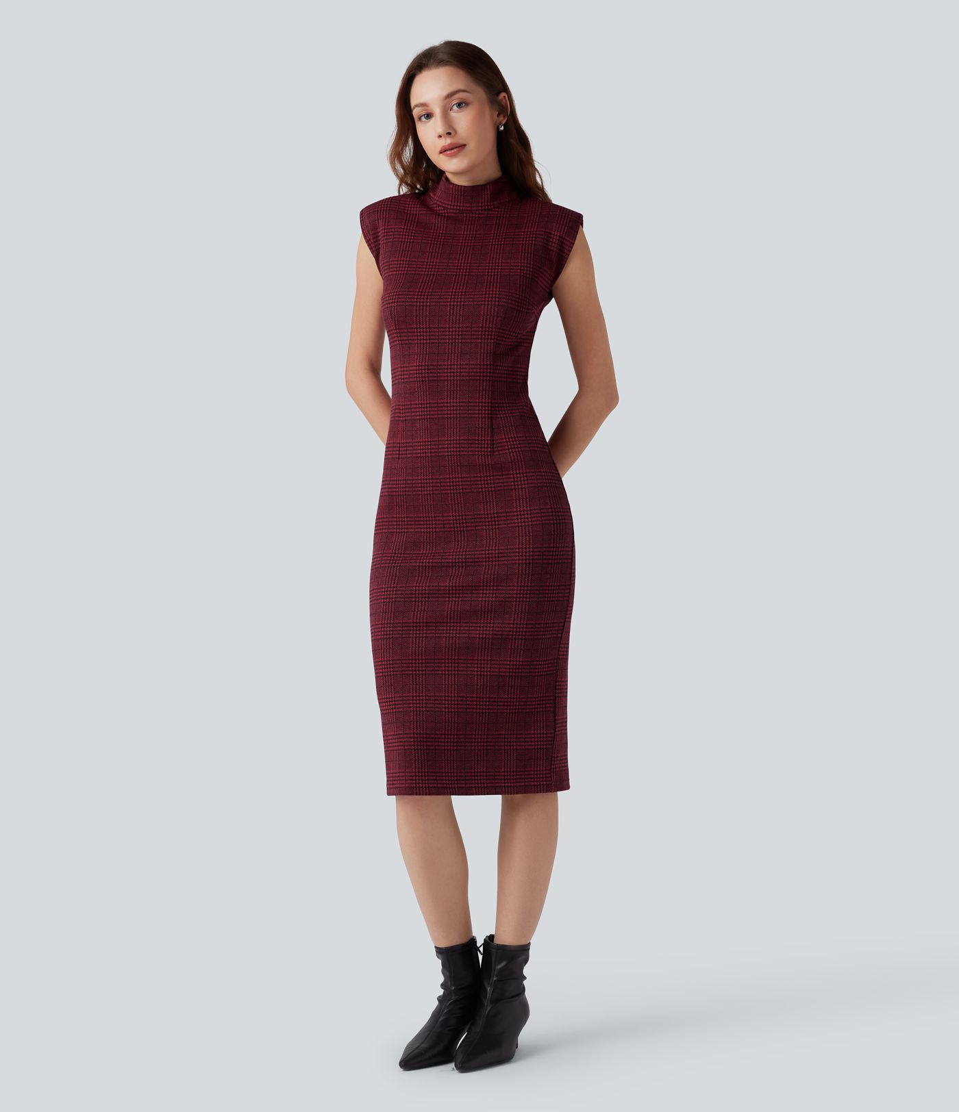 High Neck Sleeveless Bodycon Houndstooth Plaid Midi Work Dress