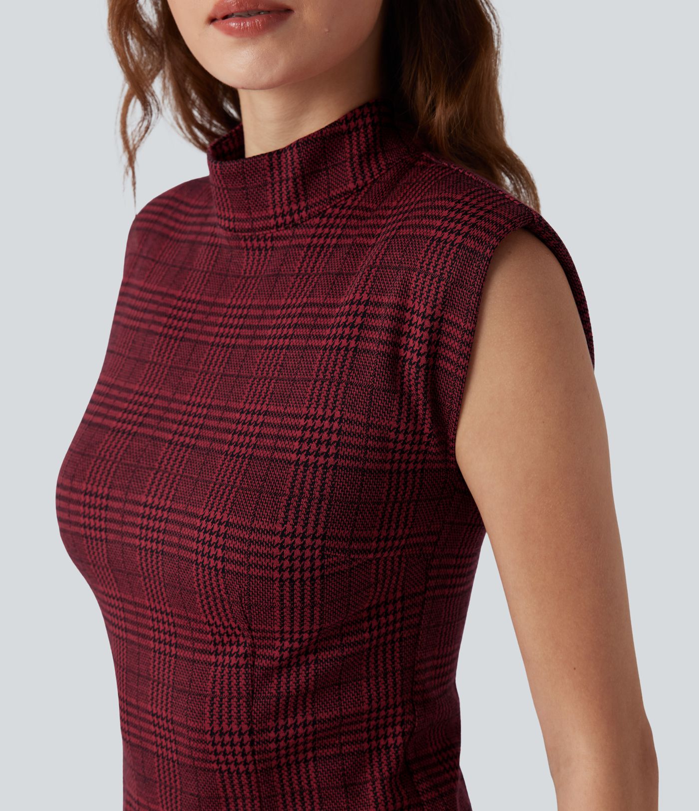 High Neck Sleeveless Bodycon Houndstooth Plaid Midi Work Dress