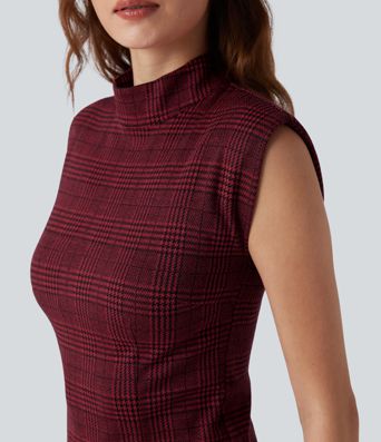 High Neck Sleeveless Bodycon Houndstooth Plaid Midi Work Dress