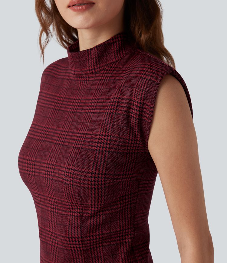 High Neck Sleeveless Bodycon Houndstooth Plaid Midi Work Dress