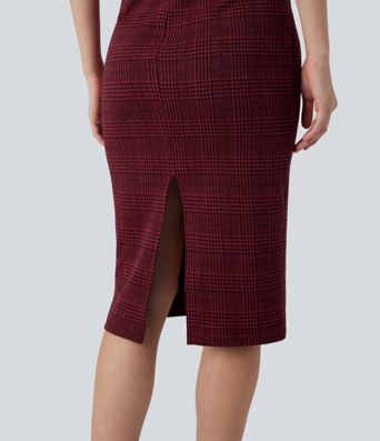 High Neck Sleeveless Bodycon Houndstooth Plaid Midi Work Dress