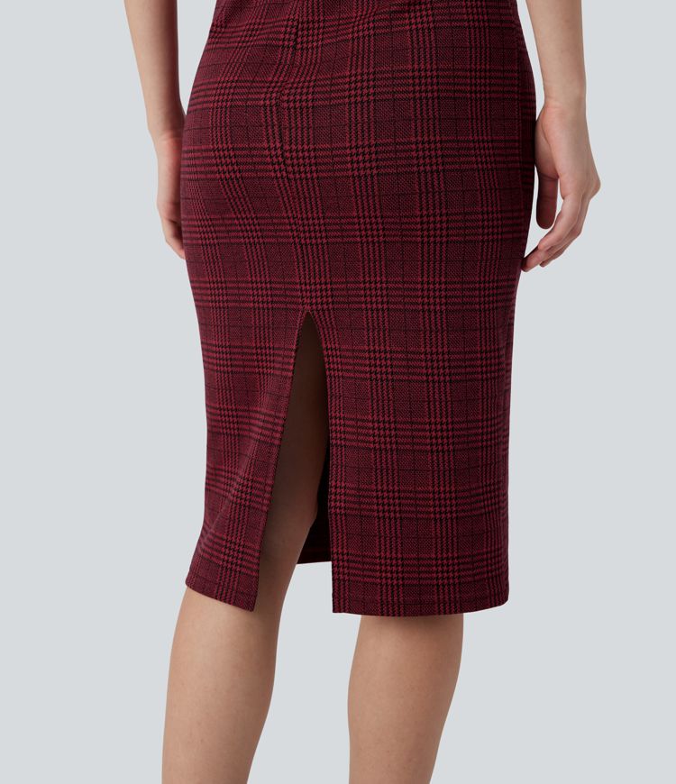 High Neck Sleeveless Bodycon Houndstooth Plaid Midi Work Dress