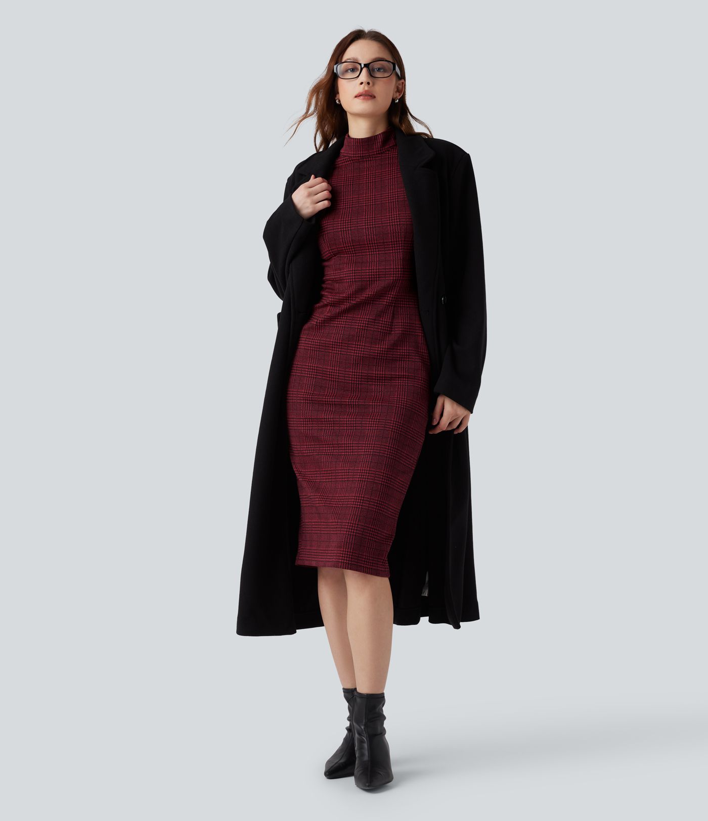 High Neck Sleeveless Bodycon Houndstooth Plaid Midi Work Dress