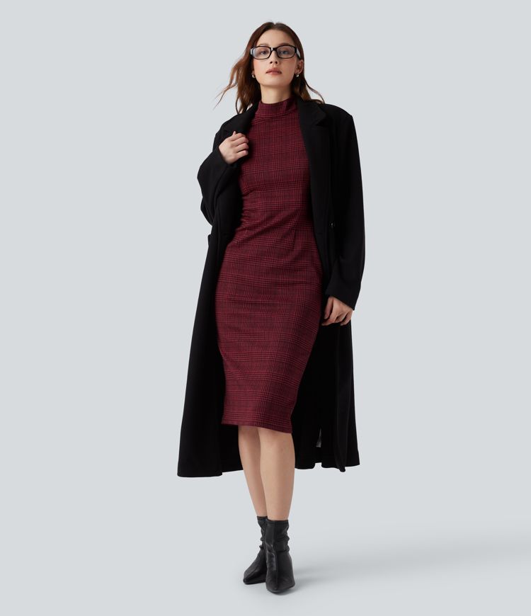 High Neck Sleeveless Bodycon Houndstooth Plaid Midi Work Dress