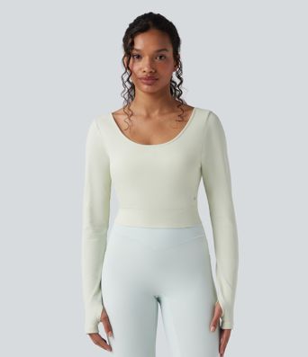 Seamless Flow Twisted Backless Scoop Neck Long Sleeve Thumb Holes Cropped Yoga Sports Top