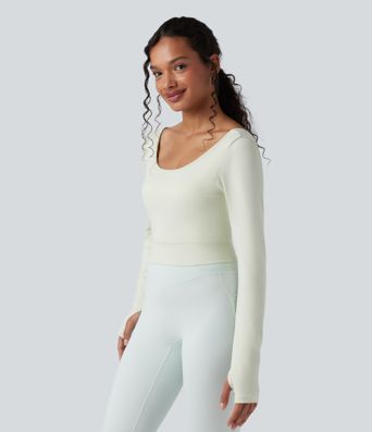 Seamless Flow Twisted Backless Scoop Neck Long Sleeve Thumb Holes Cropped Yoga Sports Top