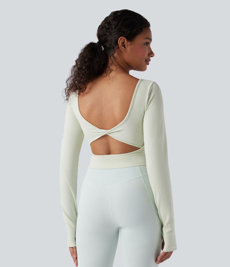 Seamless Flow Twisted Backless Scoop Neck Long Sleeve Thumb Holes Cropped Yoga Sports Top
