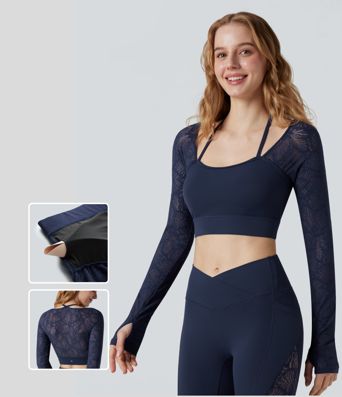 SoftlyZero™ - Yoga-Top mit eleganter Kontrastspitze, Neckholder, langen Ärmeln und Daumenlöchern