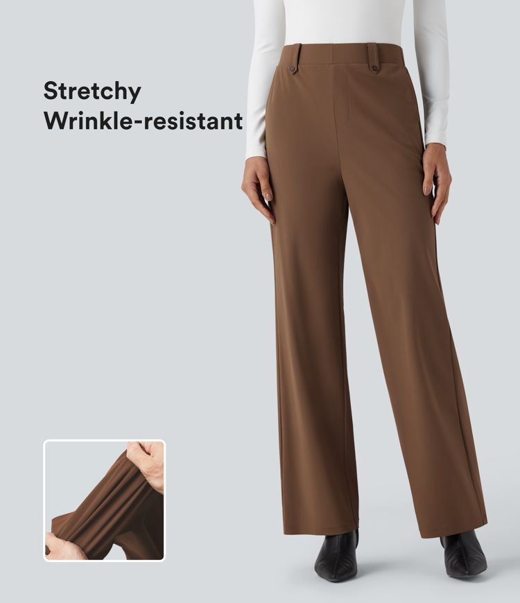 Wrinkle-resistant High Waisted Straight Leg Work Trousers with Pockets