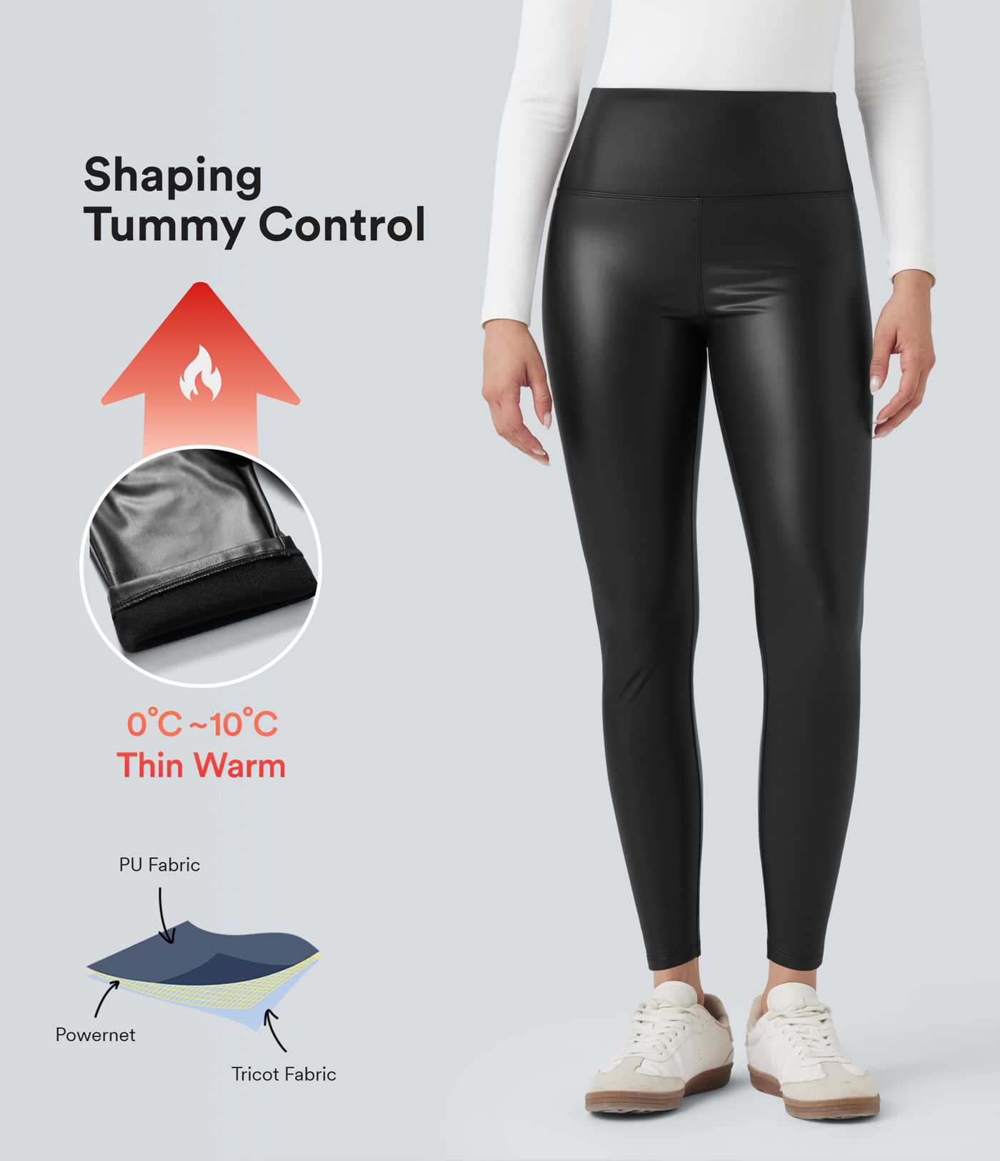 Lässige 2-in-1 Skinny-Leggings aus elastischem Kunstleder mit hohem Bund, Seitentaschen und Bauchkontrolle