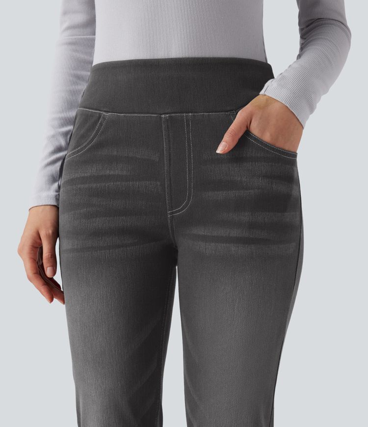 Halara Flex™ Verwaschene Bootcut-Jeans aus elastischem Strick-Denim mit hohem Bund und mehrere Taschen Halara Flex™ Verwaschene Bootcut-Jeans aus elastischem Strick-Denim mit hohem Bund und mehrere Taschen