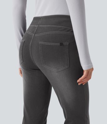 Halara Flex™ Verwaschene Bootcut-Jeans aus elastischem Strick-Denim mit hohem Bund und mehrere Taschen Halara Flex™ Verwaschene Bootcut-Jeans aus elastischem Strick-Denim mit hohem Bund und mehrere Taschen