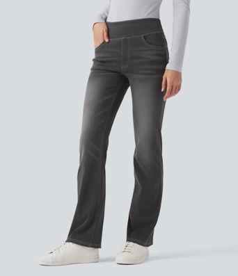 Halara Flex™ Verwaschene Bootcut-Jeans aus elastischem Strick-Denim mit hohem Bund und mehrere Taschen Halara Flex™ Verwaschene Bootcut-Jeans aus elastischem Strick-Denim mit hohem Bund und mehrere Taschen
