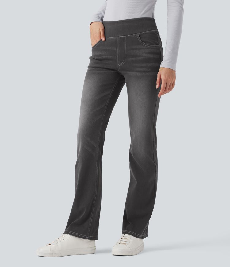 Halara Flex™ Verwaschene Bootcut-Jeans aus elastischem Strick-Denim mit hohem Bund und mehrere Taschen Halara Flex™ Verwaschene Bootcut-Jeans aus elastischem Strick-Denim mit hohem Bund und mehrere Taschen