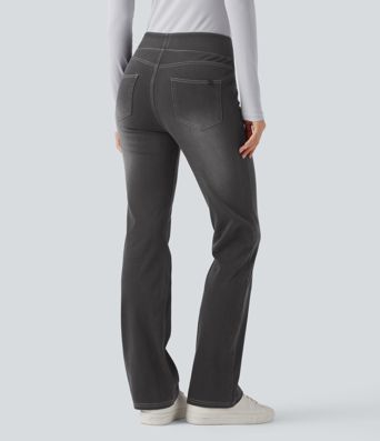 Halara Flex™ Verwaschene Bootcut-Jeans aus elastischem Strick-Denim mit hohem Bund und mehrere Taschen Halara Flex™ Verwaschene Bootcut-Jeans aus elastischem Strick-Denim mit hohem Bund und mehrere Taschen