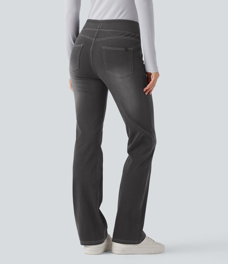 Halara Flex™ Verwaschene Bootcut-Jeans aus elastischem Strick-Denim mit hohem Bund und mehrere Taschen Halara Flex™ Verwaschene Bootcut-Jeans aus elastischem Strick-Denim mit hohem Bund und mehrere Taschen