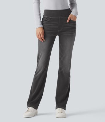 Halara Flex™ Verwaschene Bootcut-Jeans aus elastischem Strick-Denim mit hohem Bund und mehrere Taschen Halara Flex™ Verwaschene Bootcut-Jeans aus elastischem Strick-Denim mit hohem Bund und mehrere Taschen