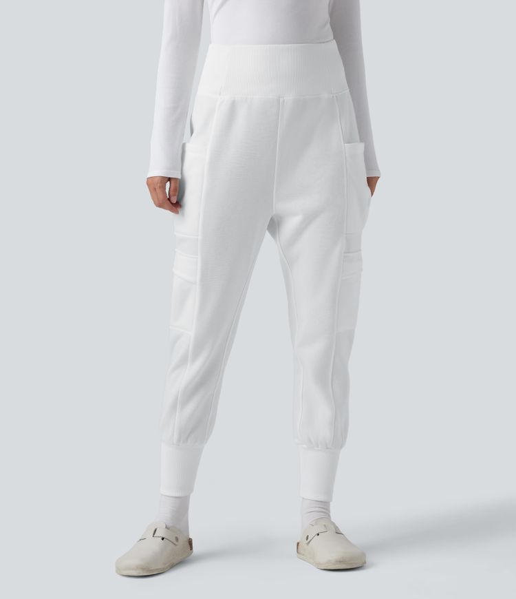 High Waisted Foldover Pocket Harem Fleece Casual Cargo Joggers
