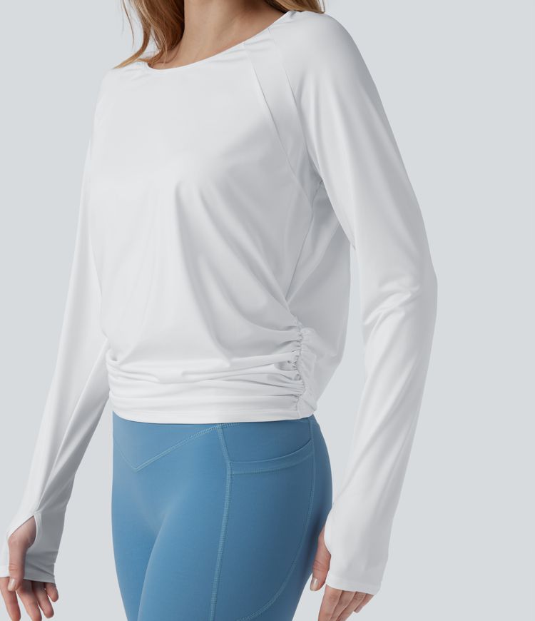 Cut-out Back Thumb Hole Ruched Relaxed Yoga Sports Top