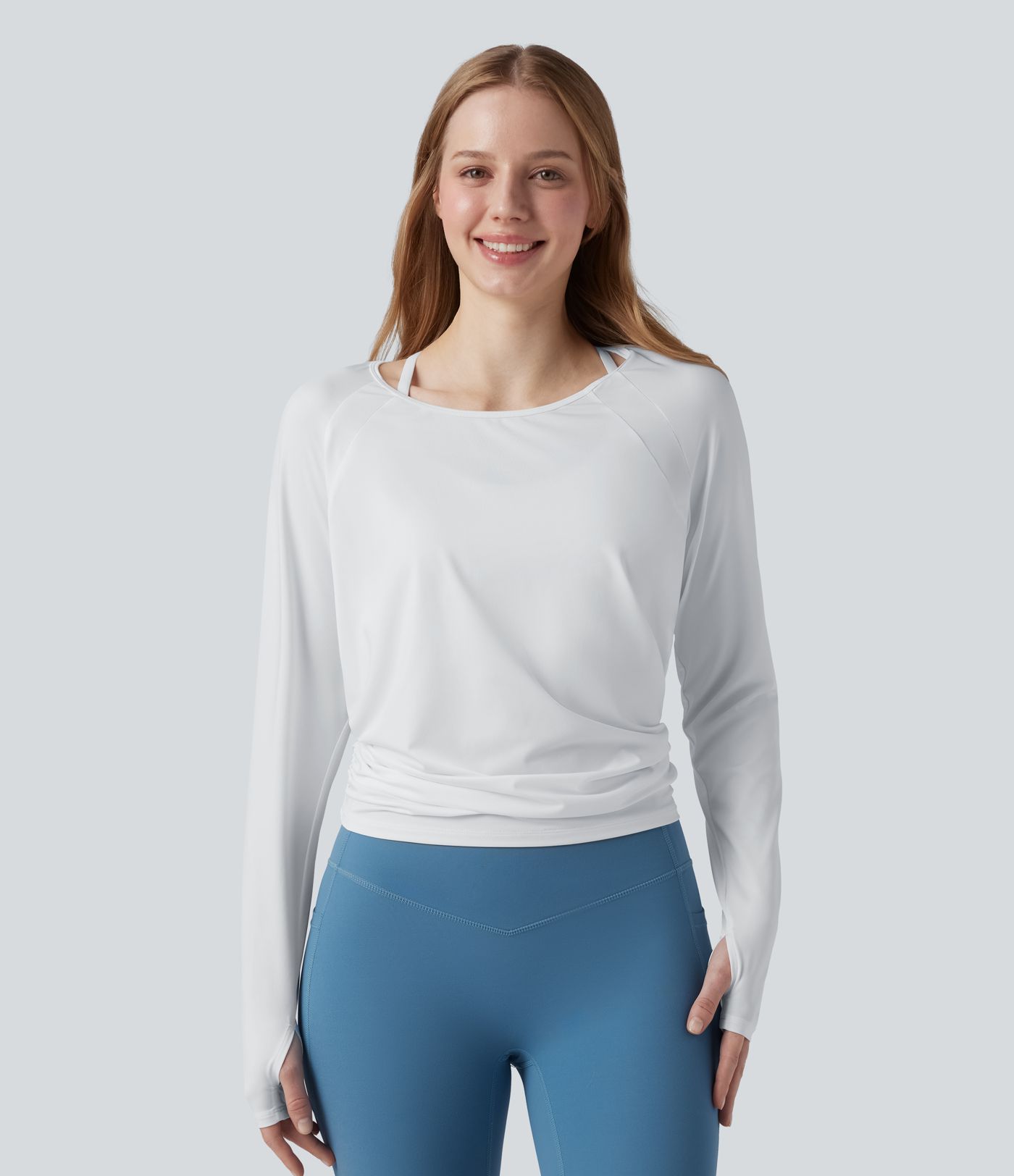 Cut-out Back Thumb Hole Ruched Relaxed Yoga Sports Top