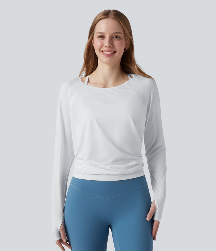 Cut-out Back Thumb Hole Ruched Relaxed Yoga Sports Top