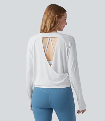 Cut-out Back Thumb Hole Ruched Relaxed Yoga Sports Top