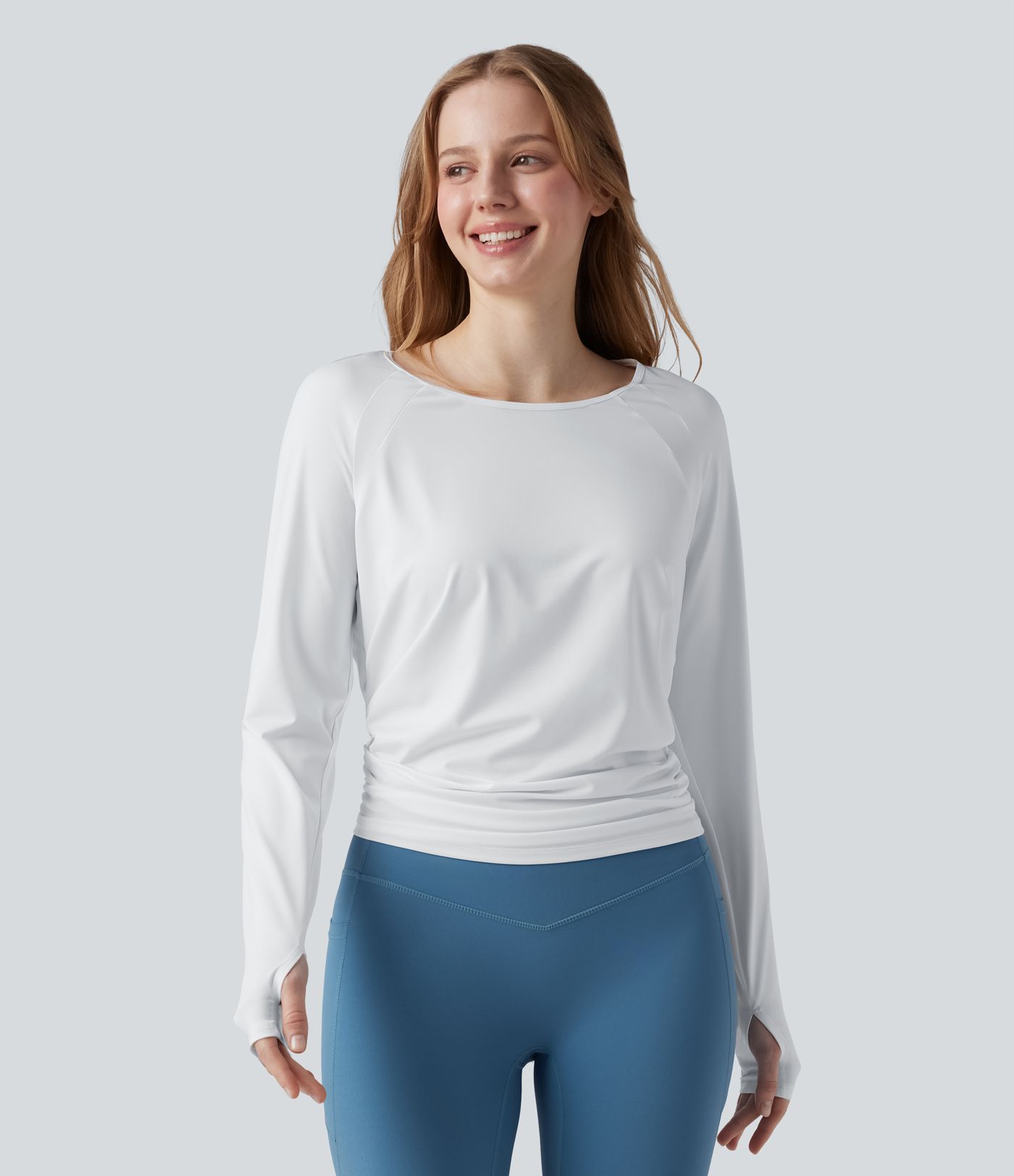 Cut-out Back Thumb Hole Ruched Relaxed Yoga Sports Top