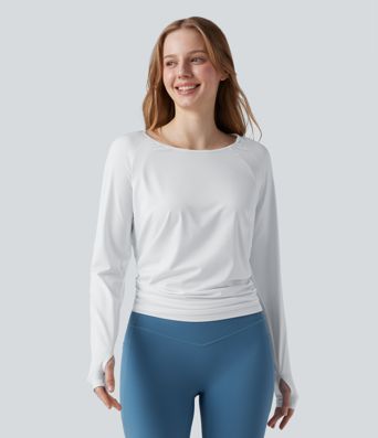 Cut-out Back Thumb Hole Ruched Relaxed Yoga Sports Top