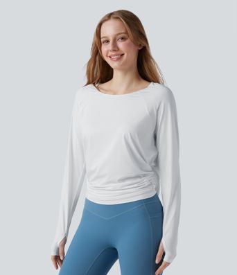 Cut-out Back Thumb Hole Ruched Relaxed Yoga Sports Top