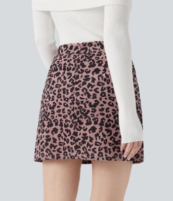 High Waisted 2-in-1 Leopard Print Mini Casual Skirt with Pocket