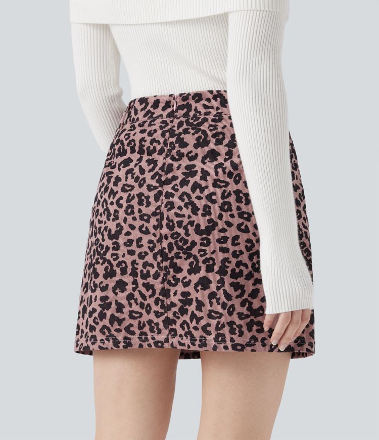 High Waisted 2-in-1 Leopard Print Mini Casual Skirt with Pocket