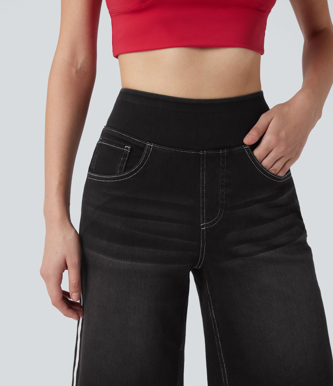 Halara Flex™ High Waisted Stripe Washed Denim Women Casual Baggy Shorts with Pockets