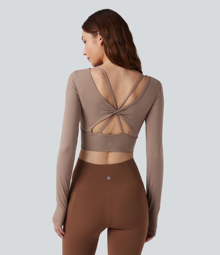 Twisted Backless Long Sleeve Thumb Holes Cropped Yoga Sports Top
