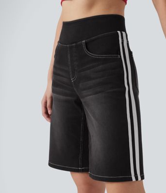 Halara Flex™ High Waisted Stripe Washed Denim Women Casual Baggy Shorts with Pockets