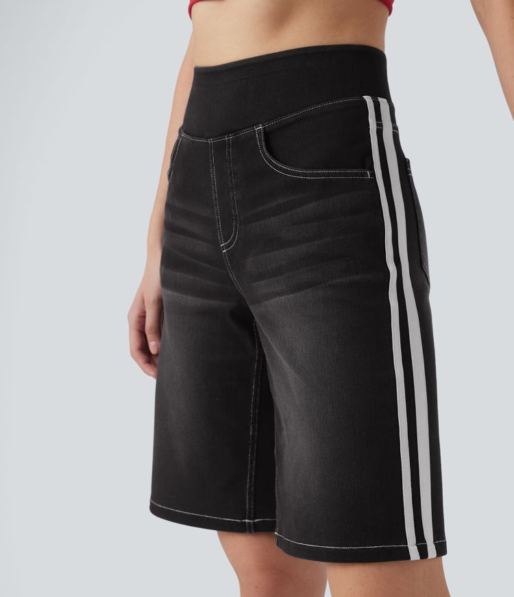 Halara Flex™ High Waisted Stripe Washed Denim Women Casual Baggy Shorts with Pockets