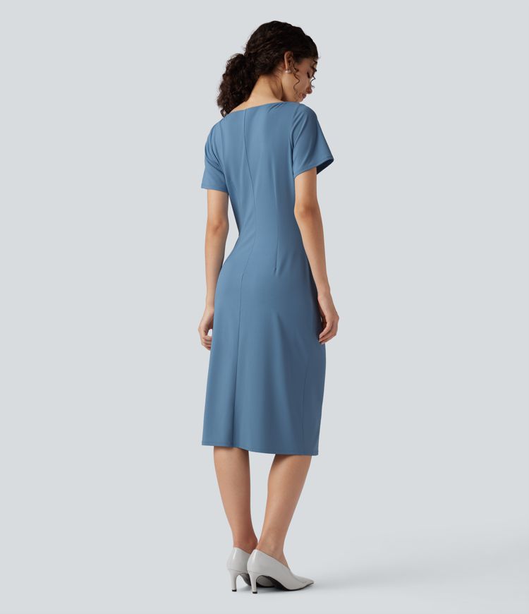 Short Sleeve Ruched Bodycon Midi Work Dress