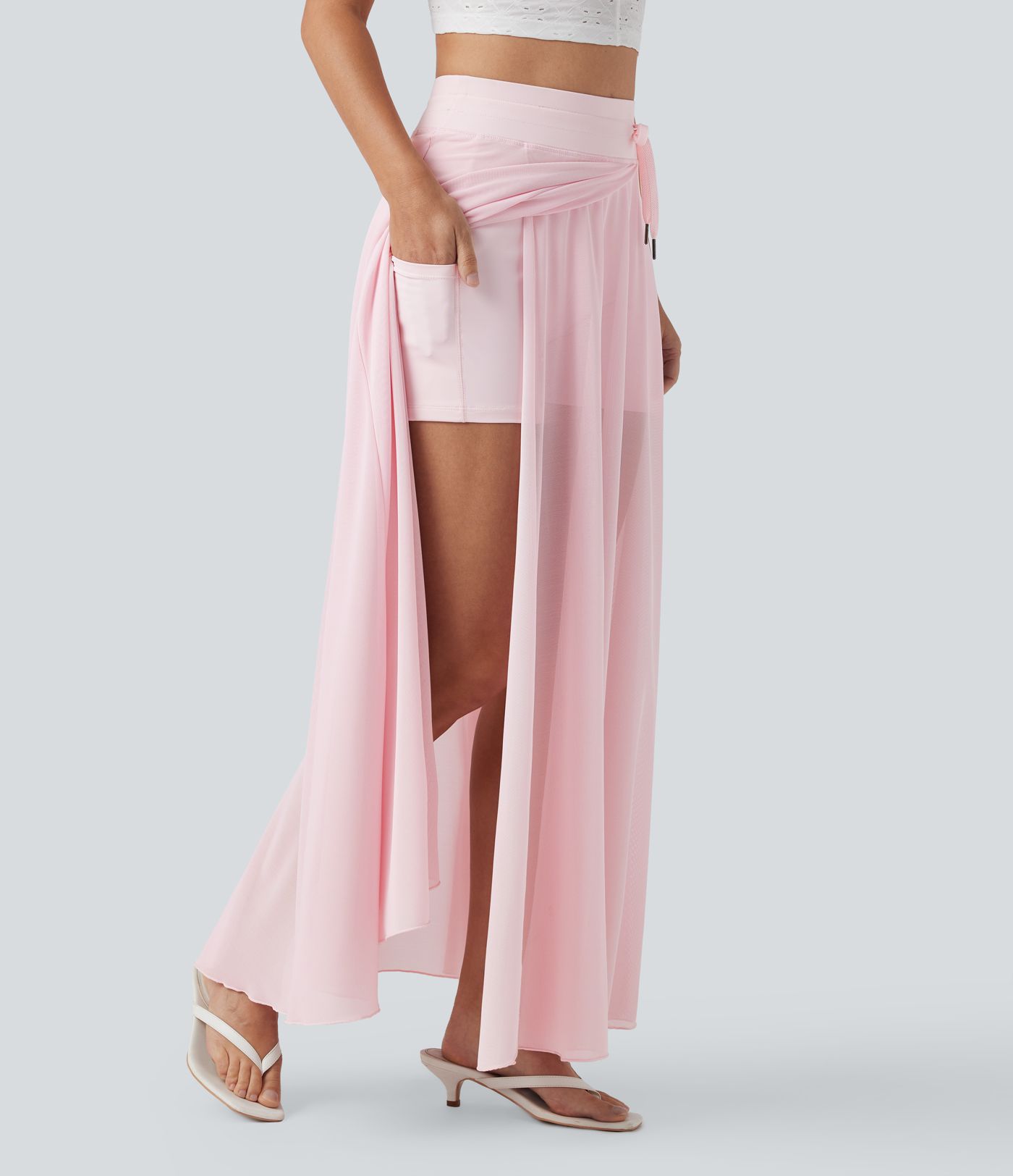 Jupe Maxi Évasée décontractée à Taille Haute avec Cordon de Serrage, Contraste en Maille, 2-en-1 avec Pochettes