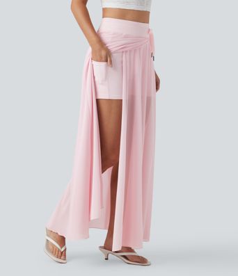 Jupe Maxi Évasée décontractée à Taille Haute avec Cordon de Serrage, Contraste en Maille, 2-en-1 avec Pochettes