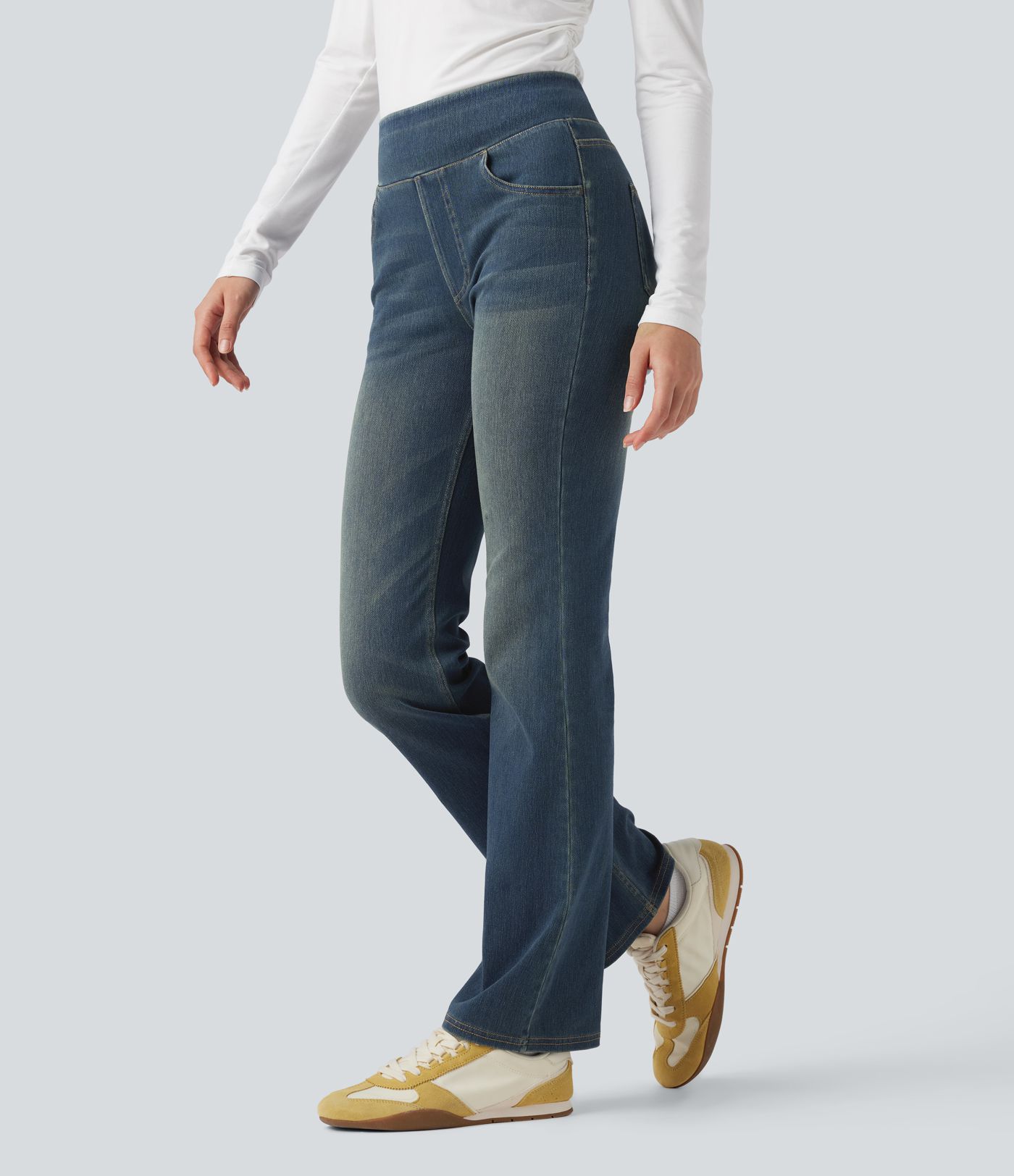 Halara Flex™ Jean bootcut décontracté extensible délavé taille haute à poches multiples