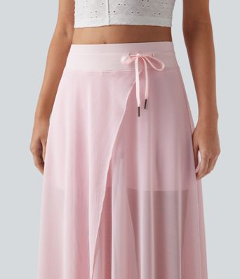 Jupe Maxi Évasée décontractée à Taille Haute avec Cordon de Serrage, Contraste en Maille, 2-en-1 avec Pochettes