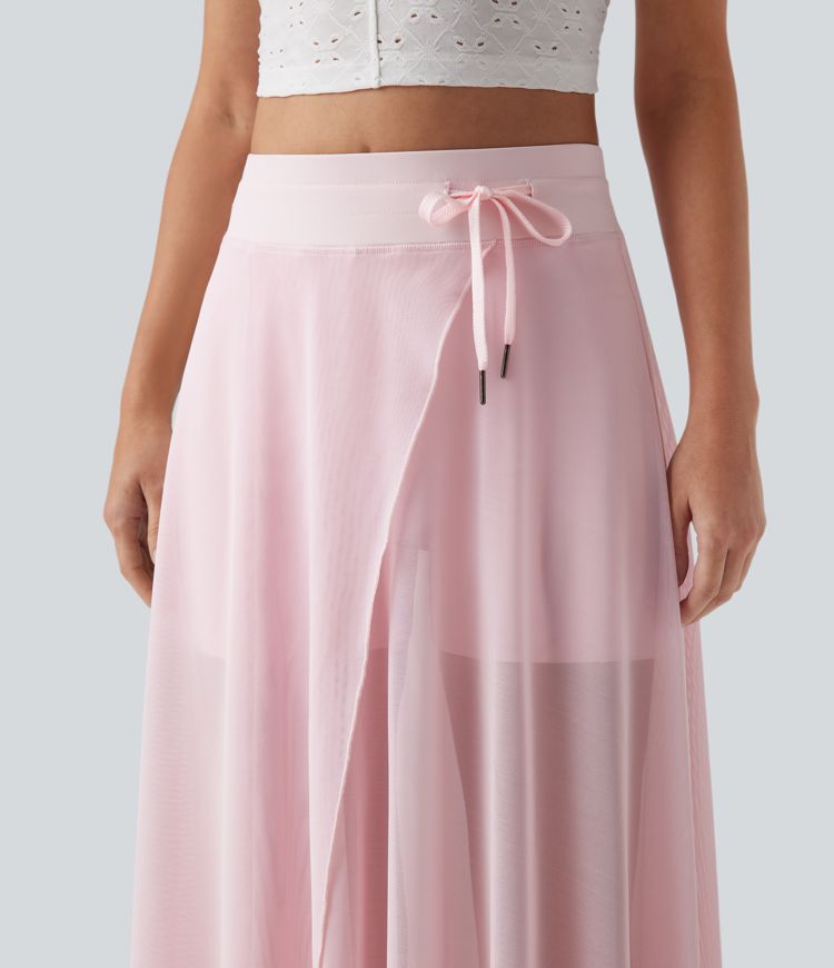 Jupe Maxi Évasée décontractée à Taille Haute avec Cordon de Serrage, Contraste en Maille, 2-en-1 avec Pochettes