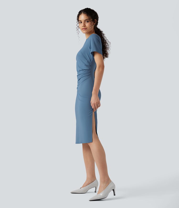 Short Sleeve Ruched Bodycon Midi Work Dress