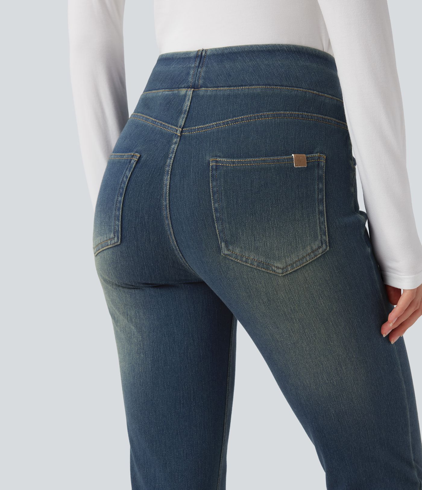 Halara Flex™ Jean bootcut décontracté extensible délavé taille haute à poches multiples