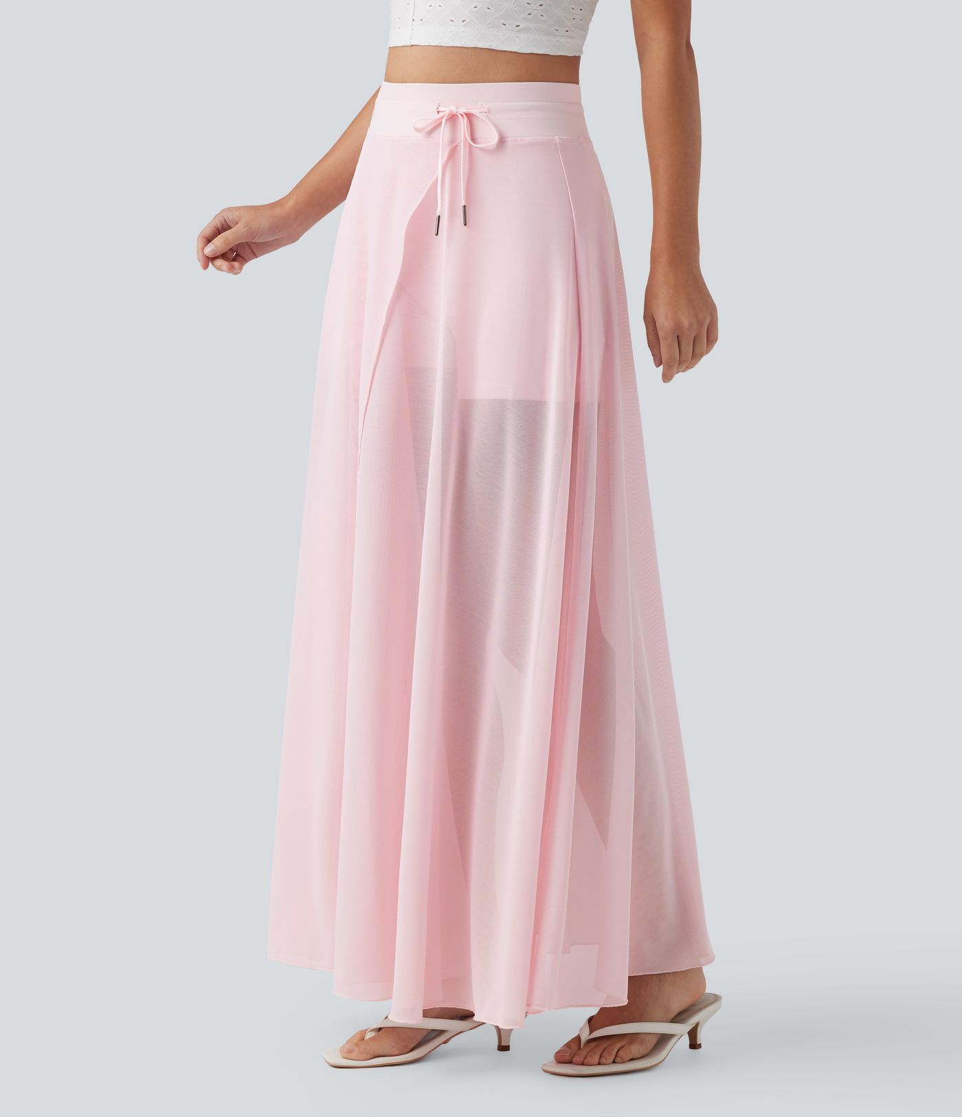 Jupe Maxi Évasée décontractée à Taille Haute avec Cordon de Serrage, Contraste en Maille, 2-en-1 avec Pochettes