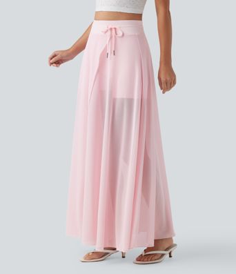 Jupe Maxi Évasée décontractée à Taille Haute avec Cordon de Serrage, Contraste en Maille, 2-en-1 avec Pochettes