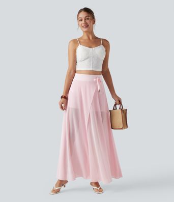 Jupe Maxi Évasée décontractée à Taille Haute avec Cordon de Serrage, Contraste en Maille, 2-en-1 avec Pochettes