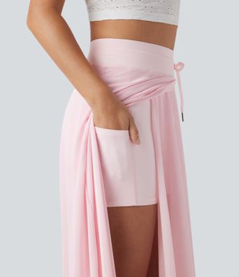 Jupe Maxi Évasée décontractée à Taille Haute avec Cordon de Serrage, Contraste en Maille, 2-en-1 avec Pochettes